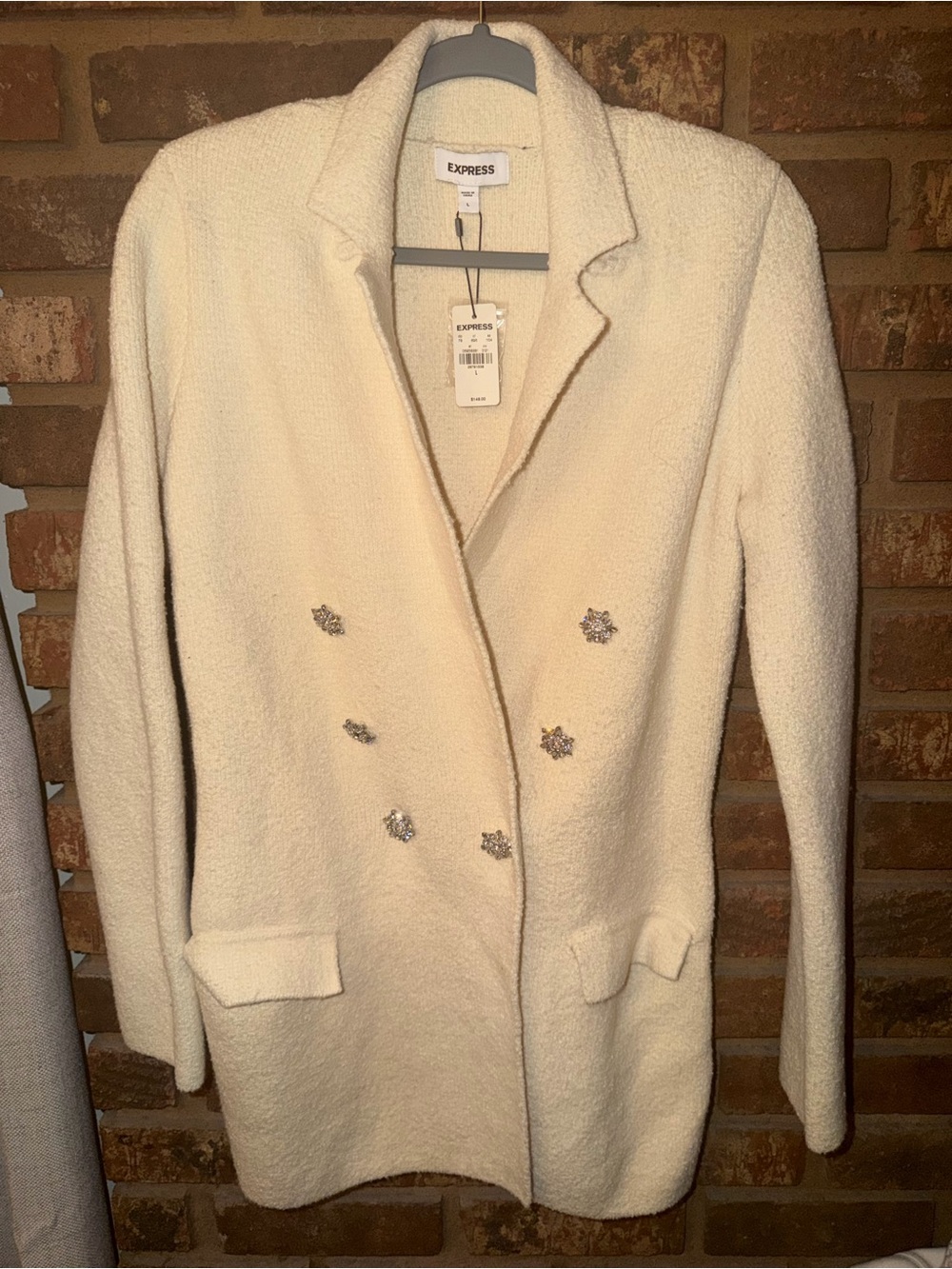 Express Cream Bouclé Double-Breasted Pea Coat with Decorative Buttons